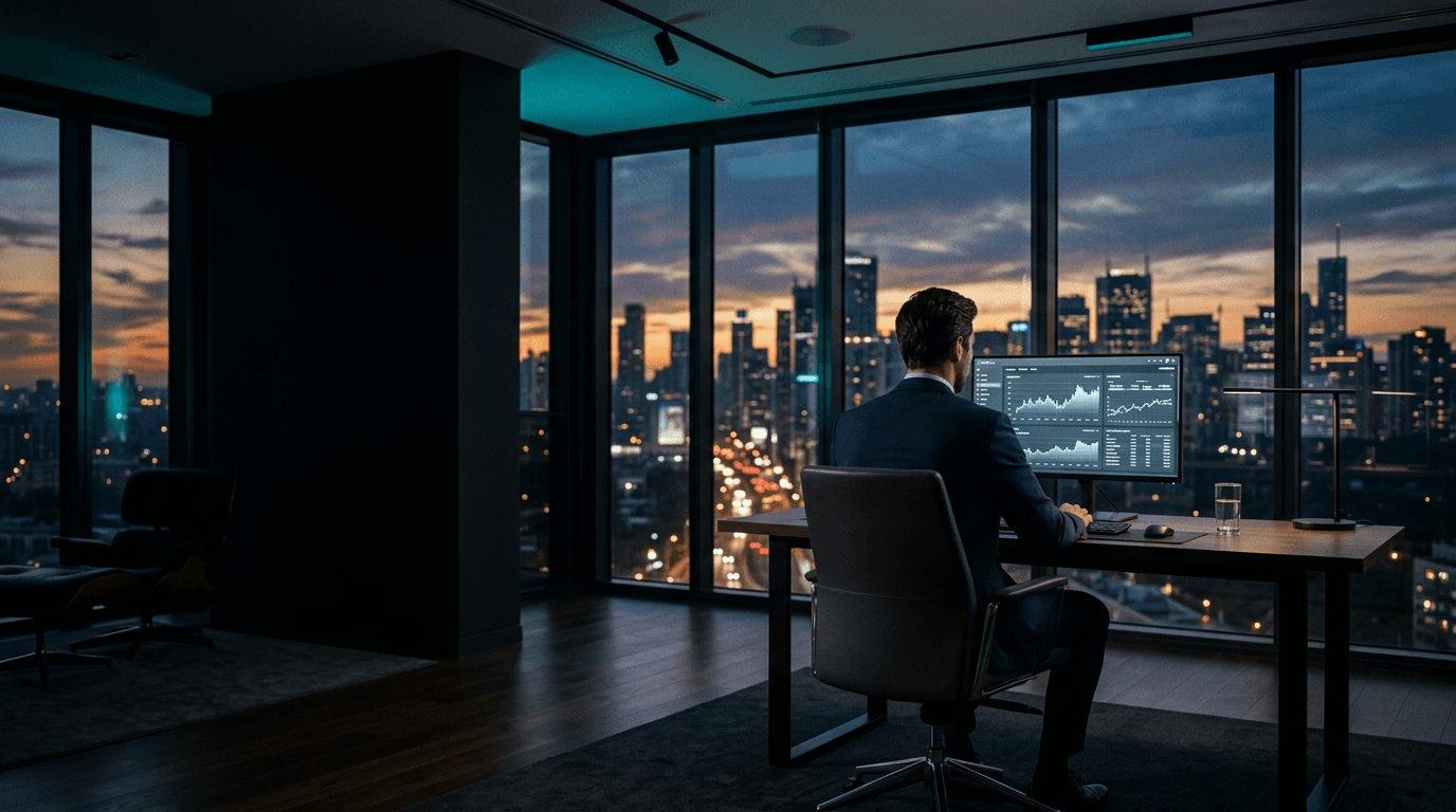 Ejecutivo evaluando indicadores desde una oficina corporativa